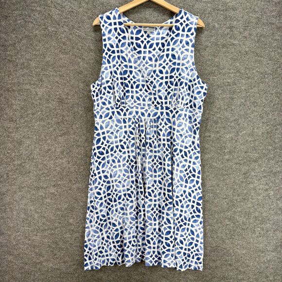 JM Collection Dress Women XL Blue Geometric Shift Midi V-Neck Sleeveless Rayon - Picture 1 of 7